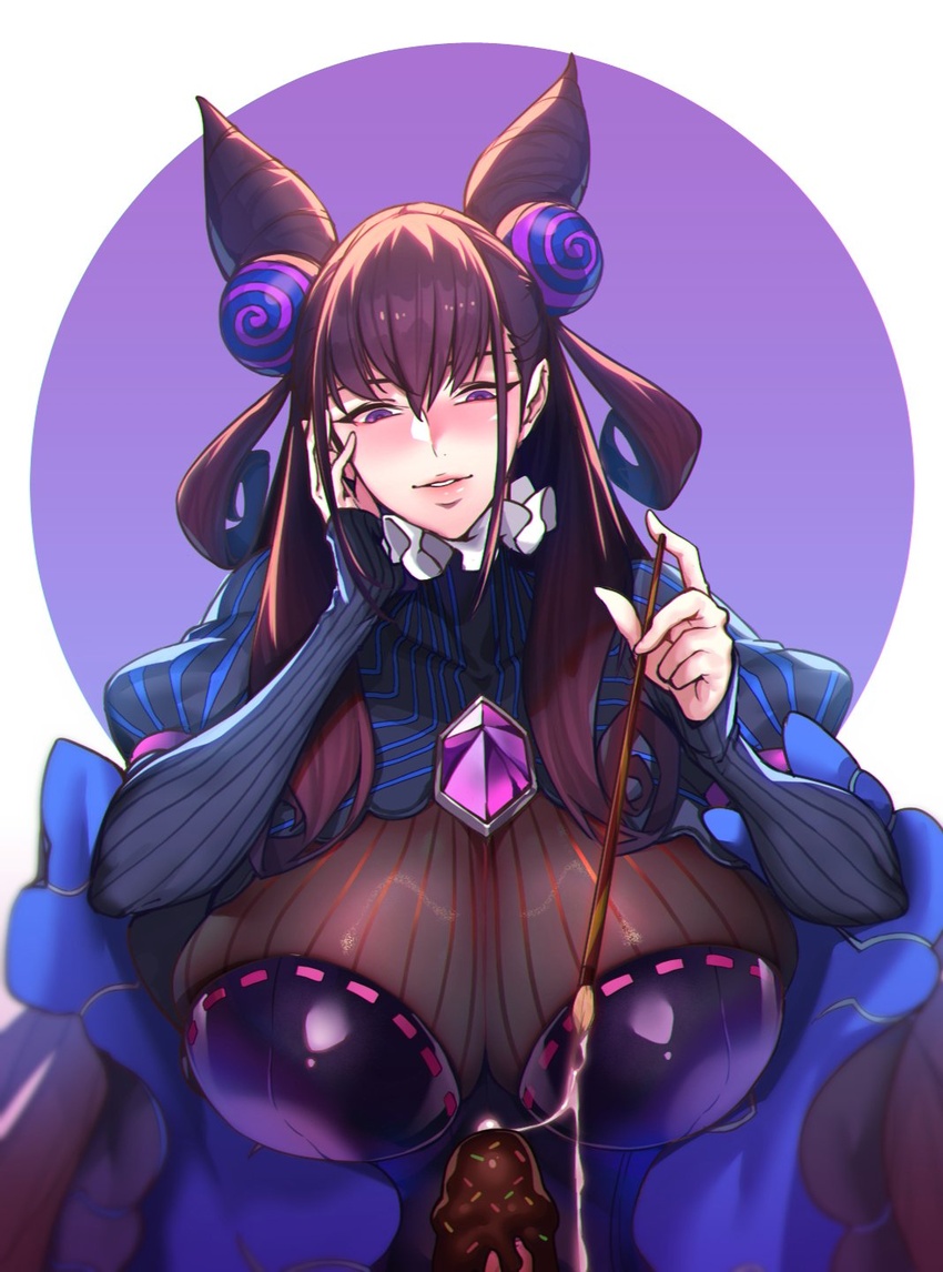 1boy bad_id bad_twitter_id black_hair blush breasts calligraphy_brush chocolate chocolate_on_body chocolate_on_penis cum cum_on_body dr.wolf fate/grand_order fate_(series) female food_on_body gem highres inactive_account large_breasts lips long_hair murasaki_shikibu_(fate) paintbrush penis purple_eyes purple_gemstone smile solo_focus straight