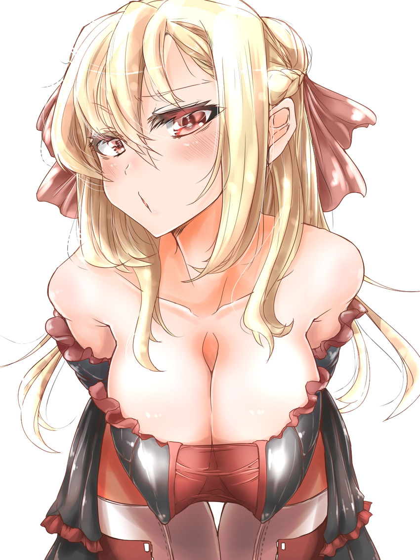 bare_shoulders bent_over blonde_hair blush breasts cleavage collarbone erect_nipples female female hair_ornament hair_ribbon highres large_breasts long_breasts long_hair looking_at_viewer original red_eyes ribbon sagging_breasts simple_background solo standing thigh_gap tomako_(tatihitoe) white_background