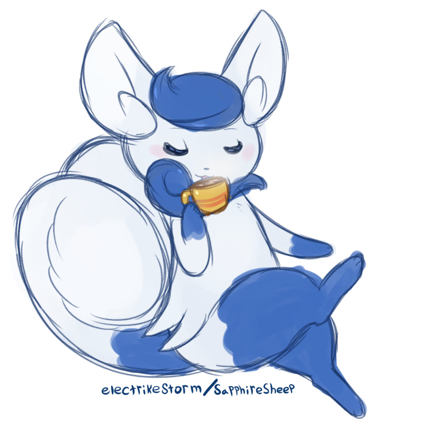 1:1 2018 2_tails anthro beverage blue_body blue_fur closed_eyes coffee coffee_cup container crossed_legs cup drinking electrikestorm felid female fur generation_6_pokemon hi_res mammal meowstic multi_tail nintendo pokemon pokemon_(species) semi-anthro simple_background sitting solo tail white_background white_body white_fur