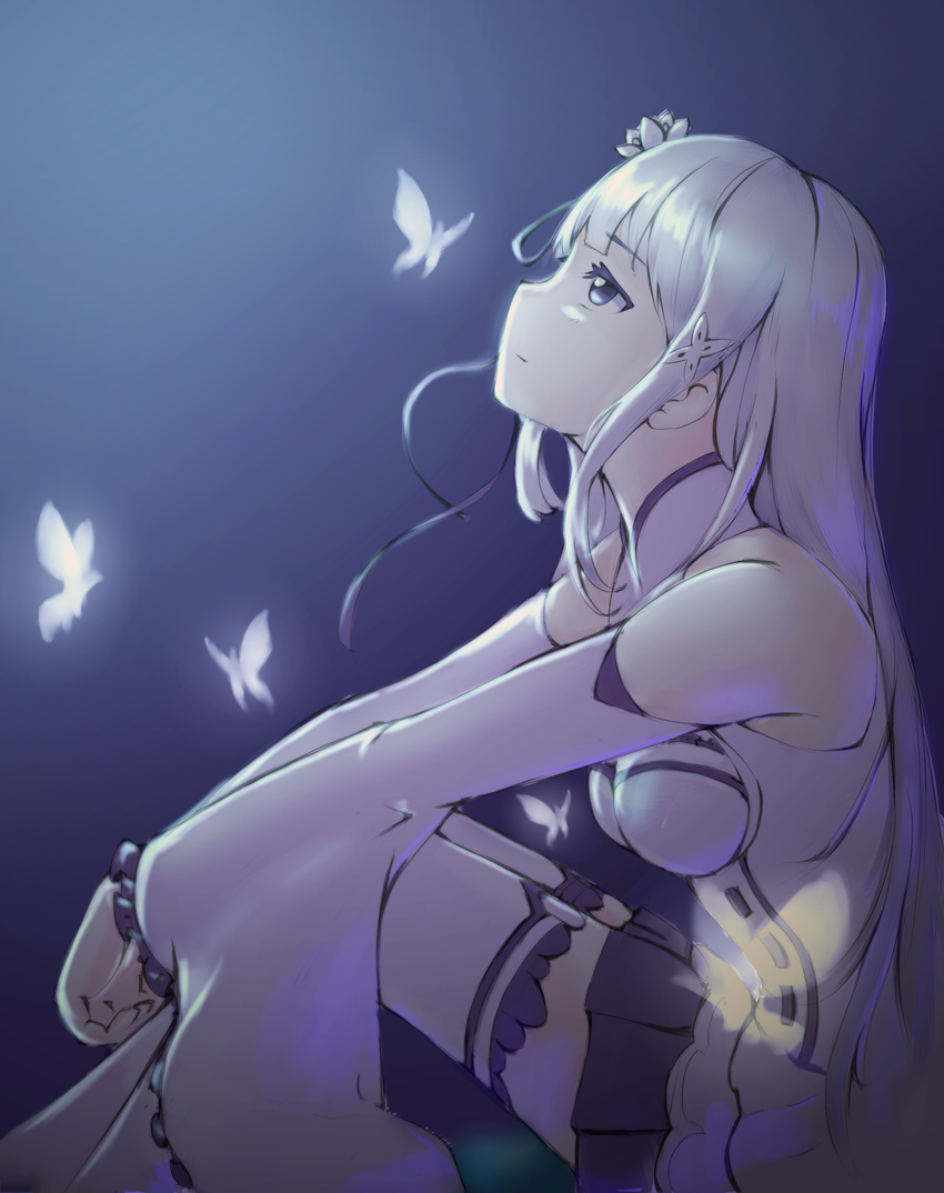 absurdres black_skirt blue_background blue_eyes breasts bug butterfly commentary_request detached_sleeves emilia_(re:zero) female flower gradient_background grey_hair hair_flower hair_ornament hair_ribbon highres long_hair looking_up medium_breasts miniskirt pleated_skirt re:zero_kara_hajimeru_isekai_seikatsu ribbon shirt shoshinsha_kibakiba silver_ribbon sitting skirt sleeveless sleeveless_shirt solo very_long_hair white_flower white_shirt