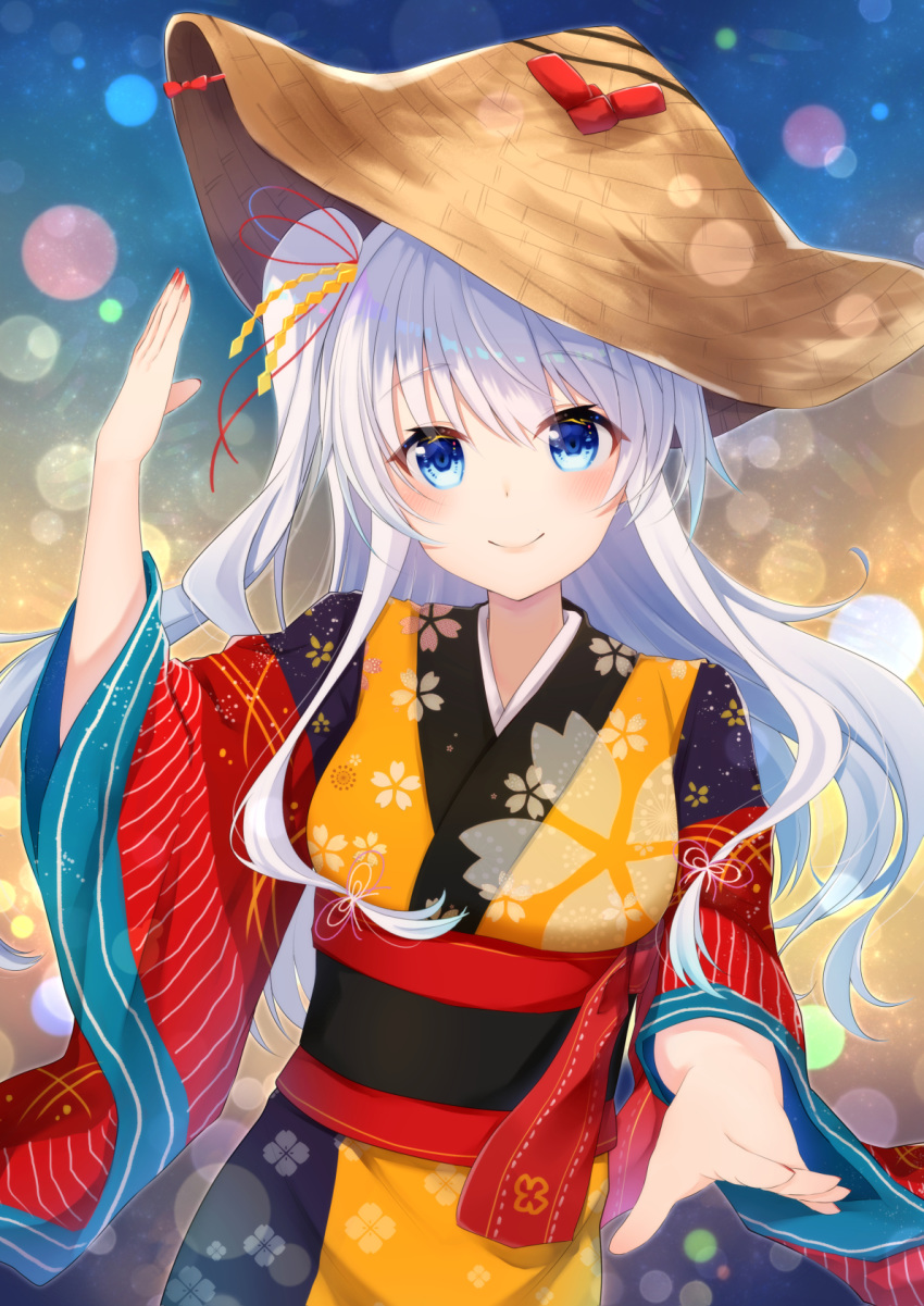 amigasa arm_up bad_perspective blue_eyes blush breasts brown_hat closed_mouth commentary_request female fingernails floral_print gyozanuko hair_between_eyes hair_ornament hat hat_ornament highres japanese_clothes kimono long_hair long_sleeves looking_at_viewer medium_breasts multicolored_clothes multicolored_kimono nail_polish obi one_side_up original print_kimono red_nails sash smile solo very_long_hair white_hair wide_sleeves yukata