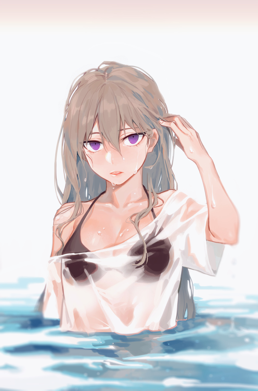 8c bad_id bad_pixiv_id blush breasts brown_hair cleavage collarbone female highres large_breasts long_hair looking_at_viewer original parted_lips partially_submerged photoshop_(medium) purple_eyes shirt solo upper_body wet wet_clothes wet_shirt