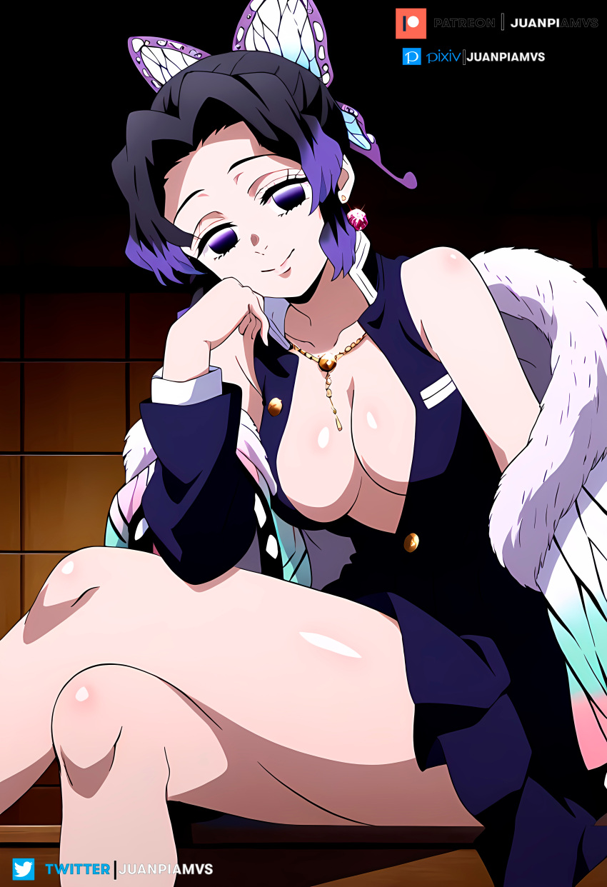 ai_generated black_hair butterfly_hair_ornament collar dress juanpi_amvs kimetsu_no_yaiba kochou_shinobu patreon patreon_username purple_eyes purple_tip shinobu shinobu_kocho short_hair uniform watermark