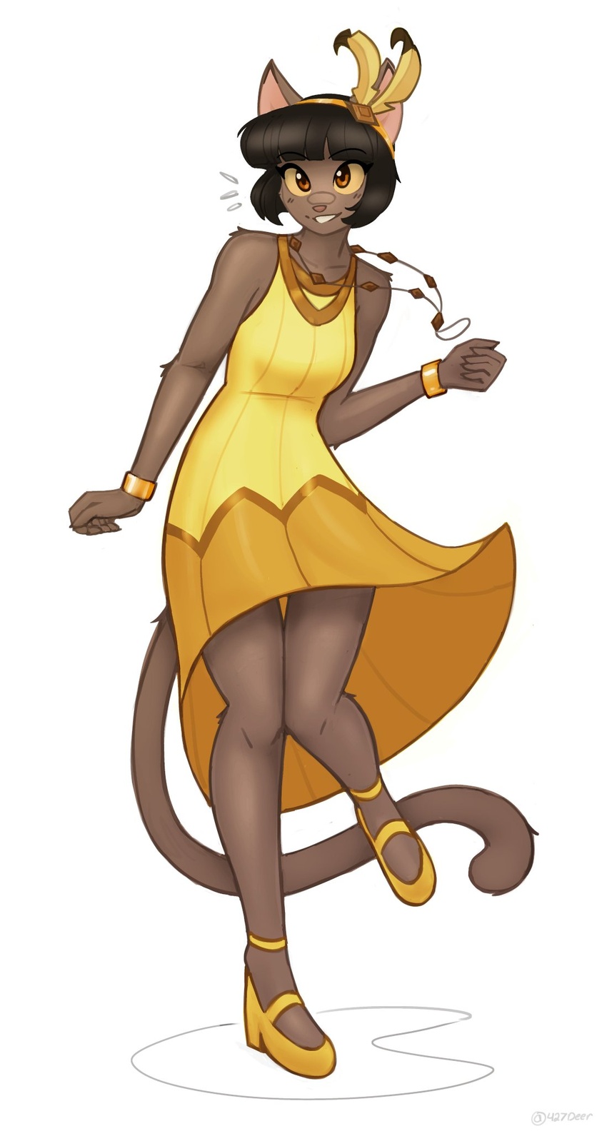 427deer armbands artist_name black_hair brown_eyes cat_ears cat_girl cat_humanoid cat_tail feminine_pose golden_dress high_heels ivy_pepper lackadaisy necklace no_sex short_hair shoulderless_dress small_breasts smiling thighs white_background yellow_dress yellow_headband yellow_headwear yellow_sclera yellow_shoes