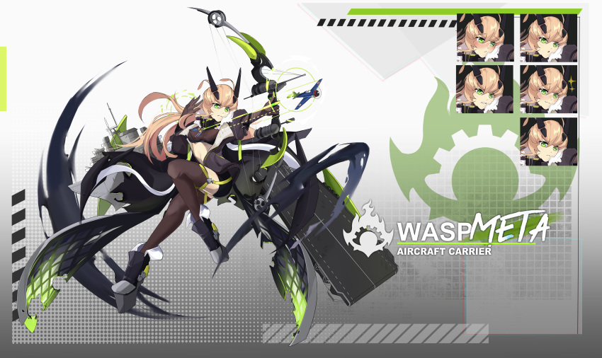 absurdres alternate_costume azur_lane black_footwear bow breasts brown_gloves brown_jacket brown_thighhighs cookieblade dark_persona elbow_gloves expressions female flight_deck full_body gloves green_eyes high_heels highres jacket light_brown_hair long_hair small_breasts solo thighhighs wasp_(azur_lane)