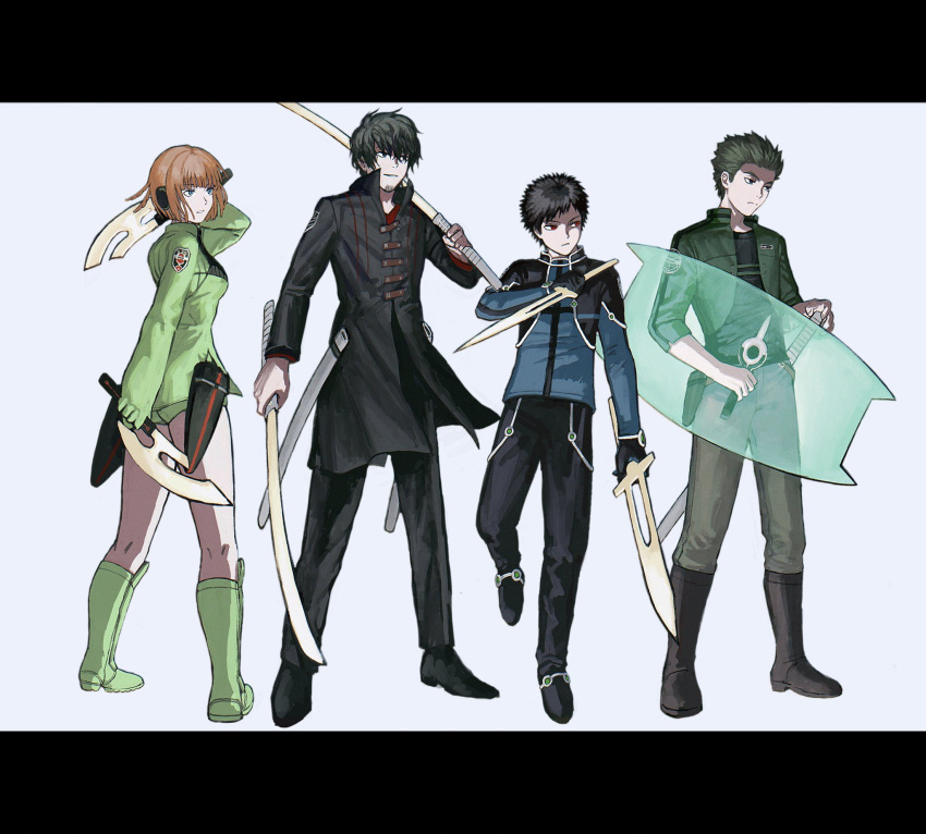 3boys axe black_coat black_footwear black_gloves black_hair black_pants blunt_bangs bob_cut boots brown_hair carrying_over_shoulder coat dual_wielding female full_body gloves green_footwear green_hair green_jacket green_shorts grey_pants headphones highres holding holding_axe holding_shield holding_sword holding_weapon jacket kazama_souya kazama_squad's_uniform konami_kirie kuruma_squad's_uniform letterboxed lineup long_sleeves looking_away multiple_boys murakami_kou oki_xfourty pants pants_tucked_in reverse_grip scabbard sheath shield short_hair shorts simple_background spiked_hair standing sword tachikawa_kei tachikawa_squad's_uniform transparent uniform weapon world_trigger