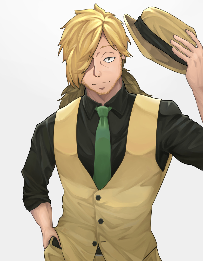 1boy absurdres belt black_shirt blonde_hair facial_hair green_neckwear hair_over_one_eye hand_in_pocket hat highres inugami_kohachi kemono_jihen long_hair looking_at_viewer male_focus shirt simple_background stubble t-ryu unworn_hat unworn_headwear vest yellow_vest