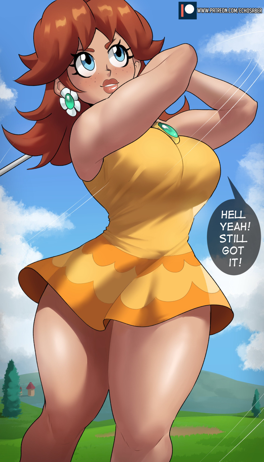 absurdres alternate_breast_size artist_name bare_arms blue_eyes blue_sky breasts brown_hair cloud commentary cowboy_shot dress earrings echo_saber english_commentary english_text female flower_earrings freckles golf golf_club golf_daisy grass highres holding holding_golf_club jewelry large_breasts lips long_hair looking_up mario_(series) mario_golf mario_golf:_world_tour paid_reward_available patreon_logo patreon_username princess_daisy sky solo speech_bubble speed_lines standing tree web_address yellow_dress