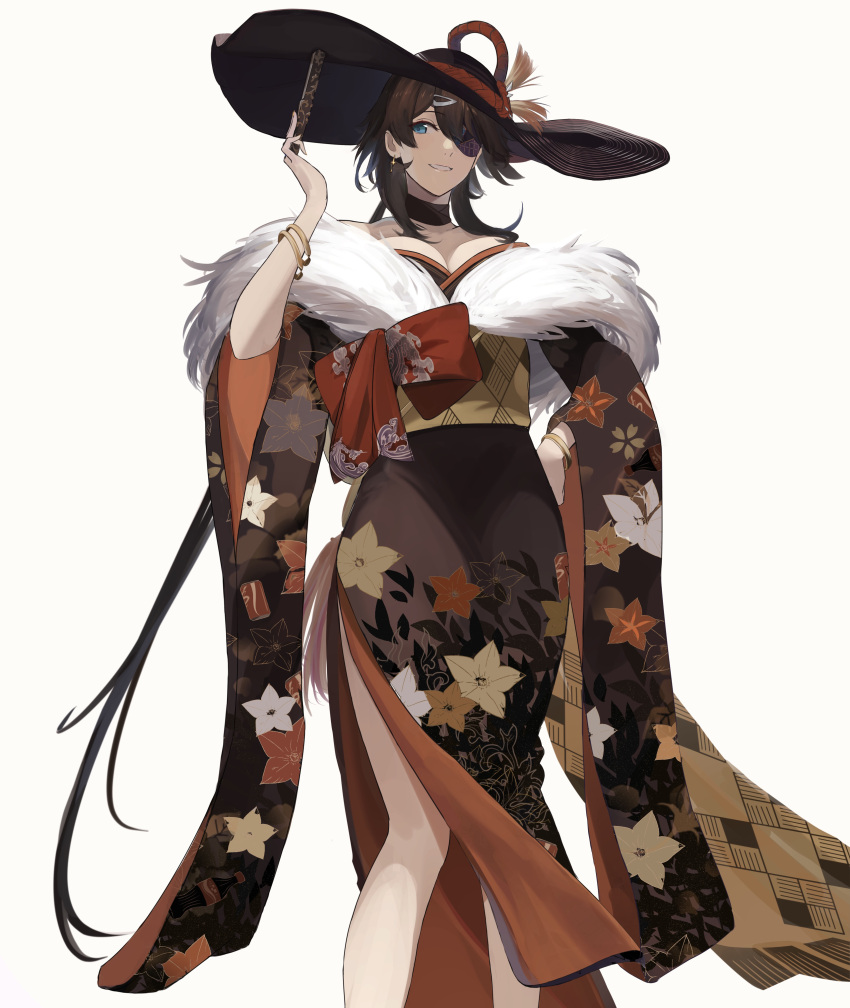 absurdres azur_lane bare_shoulders black_headwear blue_eyes bracelet breasts brown_hair brown_kimono brown_sleeves cleavage earrings eyepatch feet_out_of_frame female floral_print folded_fan folding_fan fur-trimmed_kimono fur_trim georgia_(azur_lane) georgia_(exalted_vibrance)_(azur_lane) grin hand_fan hand_on_own_hip highres japanese_clothes jewelry kimono large_breasts large_hat long_hair mikai_2035 official_alternate_costume side_slit simple_background smile solo standing white_background wide_sleeves