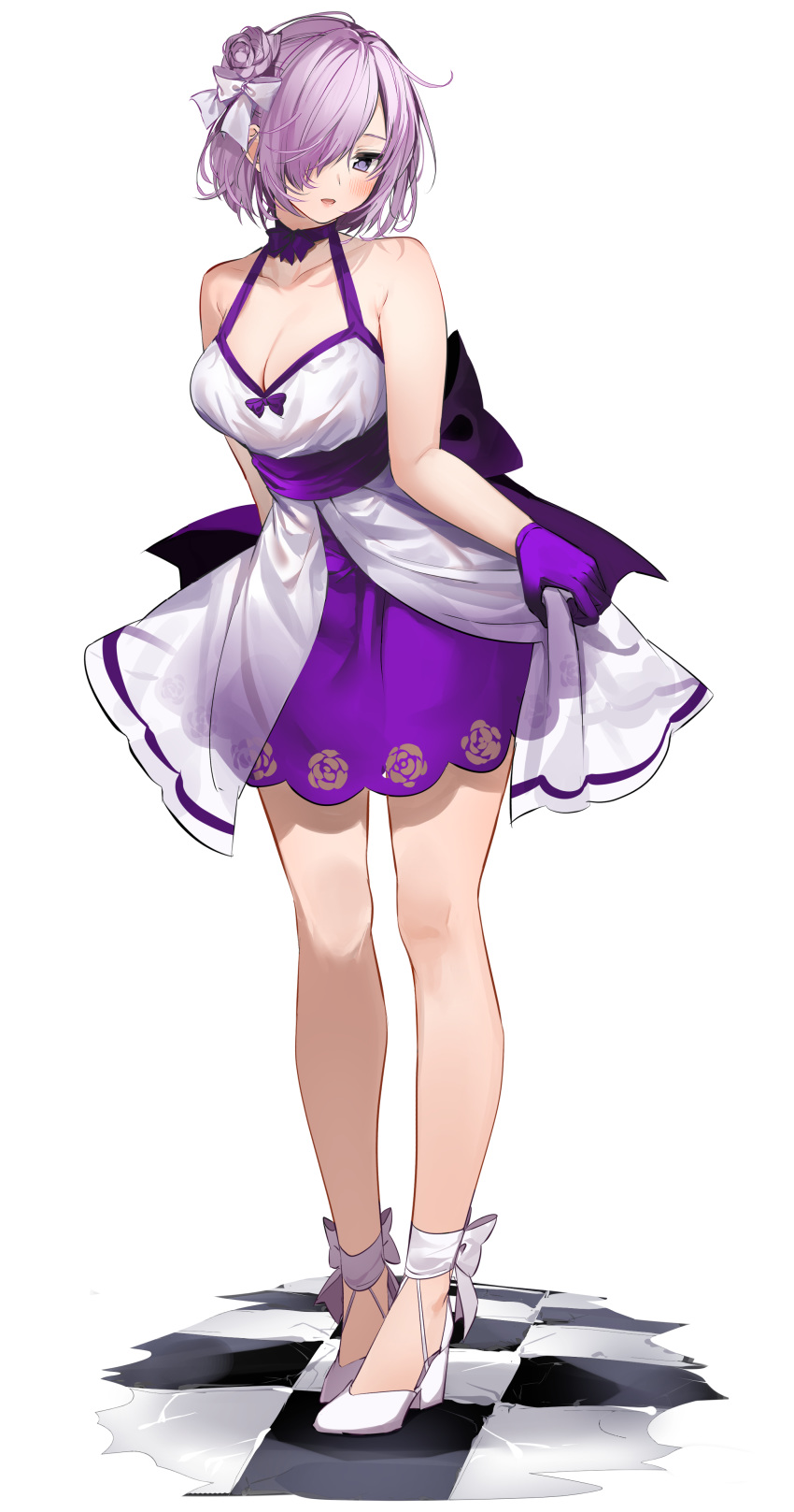 absurdres bare_legs bare_shoulders breasts dress fate/grand_order fate_(series) female flower full_body gloves gown hair_flower hair_ornament hair_over_one_eye hair_ribbon high_heels highres lavender_hair mash_kyrielight necktie purple_dress purple_eyes purple_gloves purple_hair purple_skirt ribbon shoes short_hair skirt xretakex