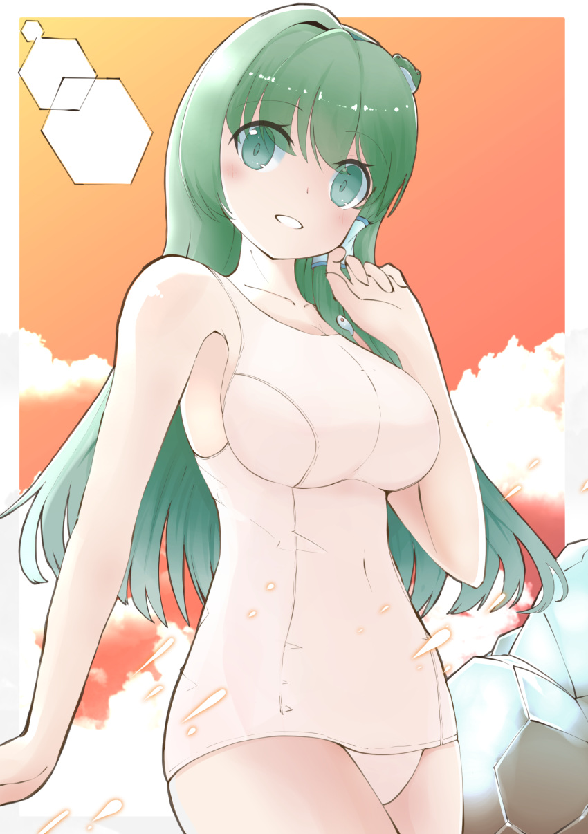 absurdres blue_sky blush breasts clothing_aside cloud collarbone cowboy_shot day evening female frog_hair_ornament green_eyes green_hair hair_between_eyes hair_ornament hair_tubes highres kochiya_sanae long_hair looking_at_viewer nazawa_(nother) old_school_swimsuit one-piece_swimsuit outdoors school_swimsuit sky smile snake_hair_ornament solo swimsuit swimsuit_aside touhou water wet white_one-piece_swimsuit