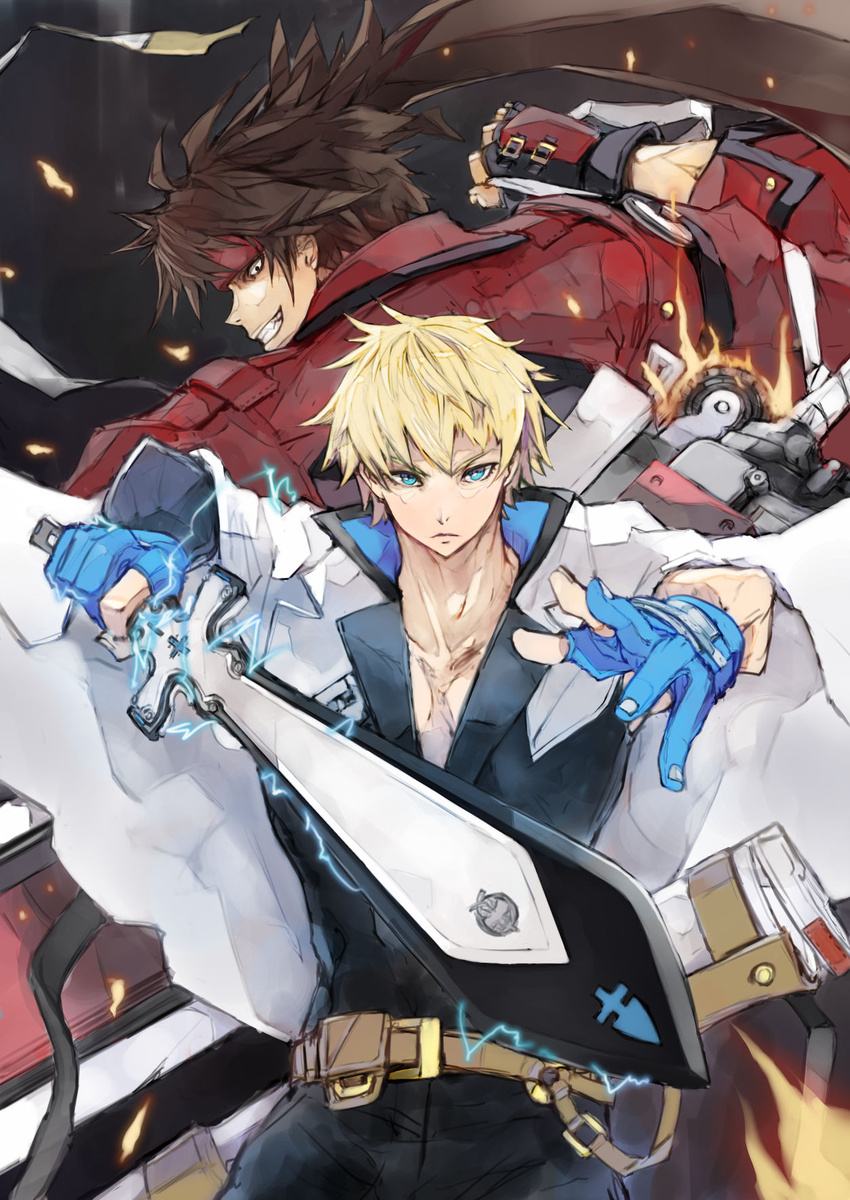 2boys back-to-back bana_(stand_flower) blonde_hair blue_eyes blue_gloves brown_hair fire gloves grin guilty_gear guilty_gear_strive headband highres holding holding_sword holding_weapon jacket junkyard_dog_mk_iii ky_kiske lightning looking_at_viewer looking_back male_focus multiple_boys muscular muscular_male partially_fingerless_gloves ponytail rivalry short_hair simple_background smile sol_badguy sword thunderseal upper_body weapon