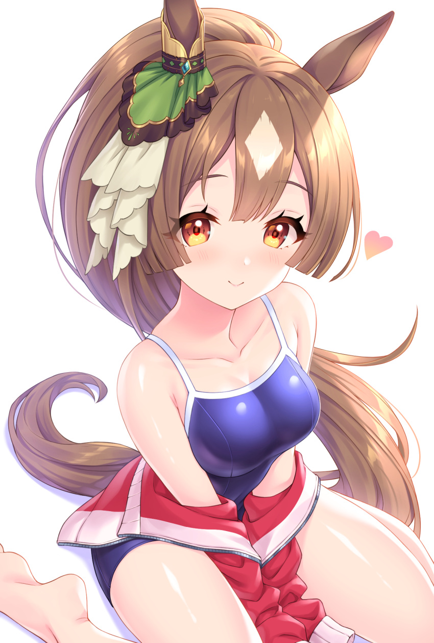 alternate_hairstyle animal_ears backlighting bad_id bad_pixiv_id bare_shoulders barefoot between_legs blue_gemstone blue_one-piece_swimsuit blunt_ends blush breasts brown_hair closed_mouth collarbone colored_eyelashes commentary_request competition_school_swimsuit diamond_(shape) ear_ornament ear_ribbon female from_side gem gradient green_ribbons hair_up hand_between_legs heart high_ponytail highres horse_ears horse_girl horse_tail jacket long_hair long_sleeves looking_at_viewer medium_breasts multicolored_hair off_shoulder one-piece_swimsuit open_clothes open_jacket parted_bangs ponytail red_eyes red_jacket ribbon satono_diamond_(umamusume) school_swimsuit shiny_skin simple_background sitting sleeve_cuffs sleeves_past_fingers sleeves_past_wrists smile soles solo streaked_hair swimsuit swimsuit_under_clothes tail tail_through_clothes thighs tomo_(tmtm_mf_mf) tracen_swimsuit tracen_training_uniform track_jacket two-tone_hair umamusume unzipped v_arms very_long_hair wariza white_background white_hair white_ribbon zipper