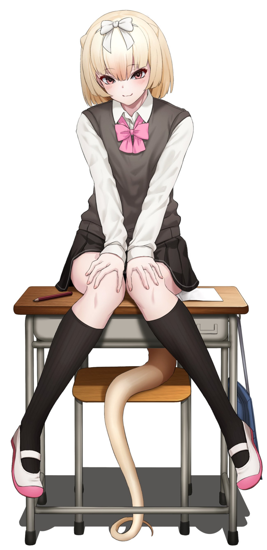 absurdres bag black_skirt black_socks black_vest blonde_hair bow bowtie chair deku_suke desk female full_body hair_between_eyes hairbow hands_on_own_knees highres kemono_friends kneehighs knees_together_feet_apart long_sleeves looking_at_viewer on_desk pencil pink_bow pink_bowtie pink_eyes school_bag school_chair school_desk school_uniform shirt shoes short_hair silky_anteater_(kemono_friends) simple_background sitting skirt smile socks solo tail uwabaki vest white_background white_bow white_shirt