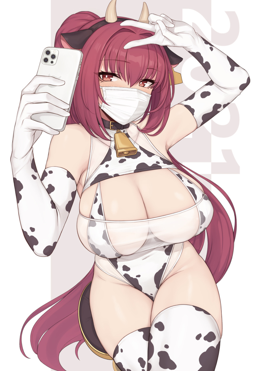 2021 animal_ears animal_print bangs bell bell_collar breasts cellphone collar cow_ears cow_horns cow_print elbow_gloves evan_yang fake_animal_ears fate/grand_order fate_(series) female gloves hair_between_eyes hairband highleg highleg_leotard highres horns large_breasts leotard long_hair looking_at_viewer mask mouth_mask phone ponytail purple_hair red_eyes scathach_(fate) scathach_(fate)_(all) self_shot simple_background surgical_mask thighhighs thighs v white_gloves white_legwear white_leotard