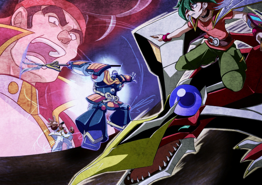 2boys battle black_hair blush dragon duel duel_monster foreshortening hachimaki hair_strand headband holding holding_polearm holding_weapon huge_eyebrows male_focus multiple_boys noboru_gongenzaka odd-eyes_pendulum_dragon polearm pompadour projected_inset red_nose riding sakaki_yuya short_hair sideburns superheavy_samurai_big_benkei weapon yu-gi-oh! yu-gi-oh!_arc-v zeke_(analogmon)