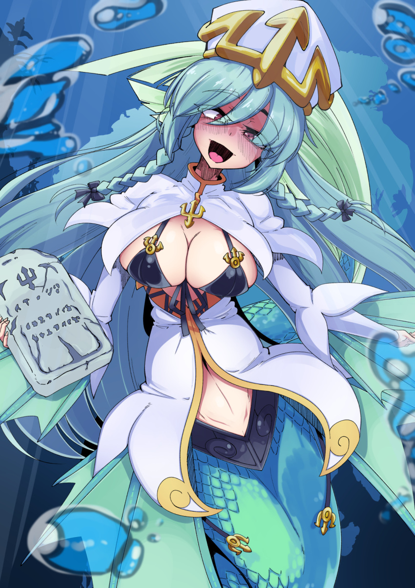 :d air_bubble braid breasts brown_eyes bubble cleavage commentary female fins green_hair hat head_tilt highres holding large_breasts long_hair mermaid monster_girl monster_girl_encyclopedia scales sea_bishop smile solo stone_tablet tongue twin_braids tyomoti underwater very_long_hair