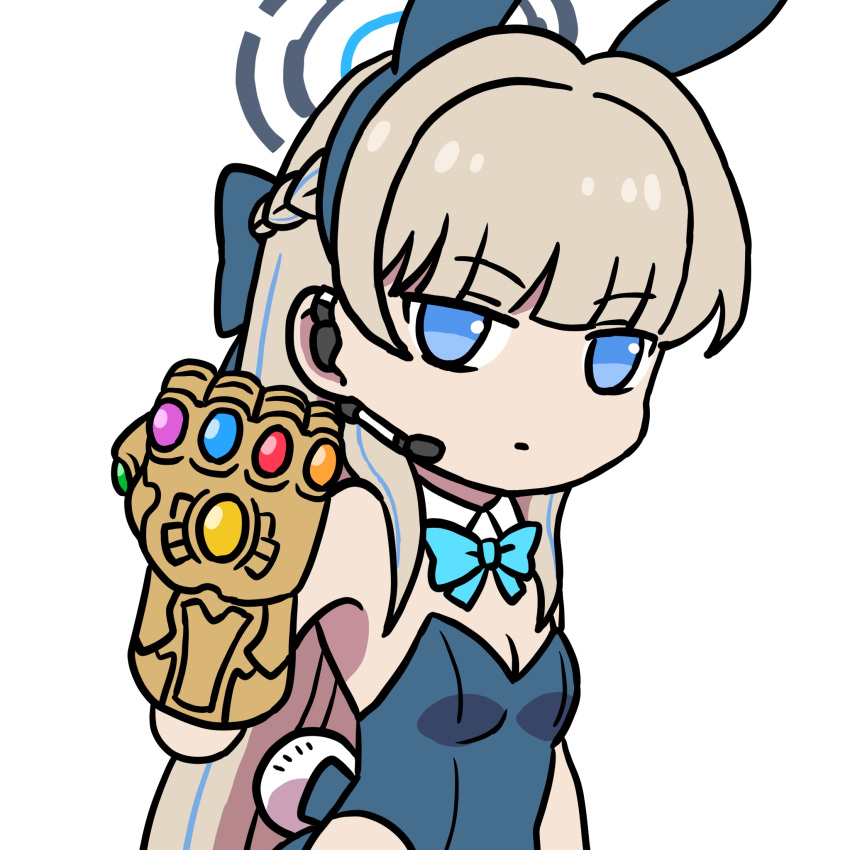 animal_ears avengers:_infinity_war avengers_(series) blonde_hair blue_archive blue_eyes blue_halo blue_leotard bow bowtie braid breasts cleavage clenched_hand commentary_request detached_collar earpiece fake_animal_ears fake_tail female hairbow halo hand_up highleg highleg_leotard highres infinity_gauntlet infinity_gems leotard long_hair looking_at_viewer marvel marvel_cinematic_universe official_alternate_costume playboy_bunny rabbit_ears small_breasts solo strapless strapless_leotard tail toki_(blue_archive) toki_(bunny)_(blue_archive) washin white_background