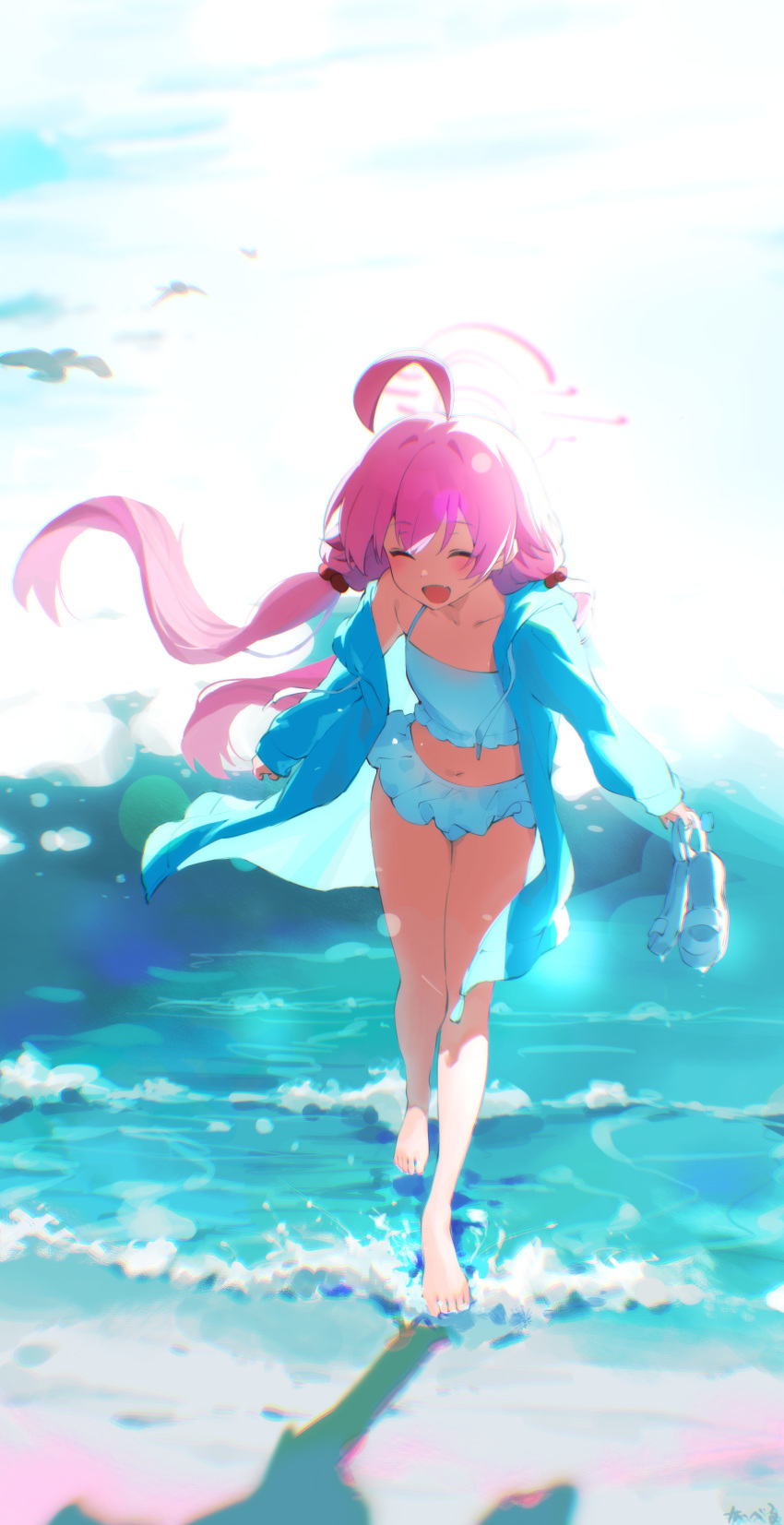 absurdres ahoge barefoot bikini blue_archive blue_jacket closed_eyes collarbone female hair_bobbles hair_ornament halo highres hoshino_(blue_archive) hoshino_(swimsuit)_(blue_archive) jacket long_hair long_sleeves low_twintails navel official_alternate_costume open_clothes open_jacket open_mouth pink_hair pink_halo smile solo swimsuit twintails white_bikini youguo_naberu