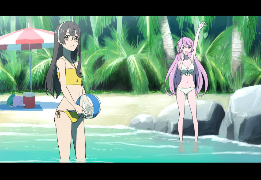 2girls akashi_(kancolle) anime_coloring bag ball beach beach_umbrella beachball bikini black_hair commentary_request cooler cowboy_shot fake_screenshot feet_out_of_frame flat_chest frilled_bikini frills front-tie_top full_body glasses green_eyes hair_ribbon hairband halterneck highres kantai_collection letterboxed long_hair looking_at_viewer mikan_29344886 multiple_girls ooyodo_(kancolle) outdoors pink_hair ribbon side-tie_bikini_bottom standing swimsuit tress_ribbon umbrella wading white_bikini white_hairband yellow_bikini