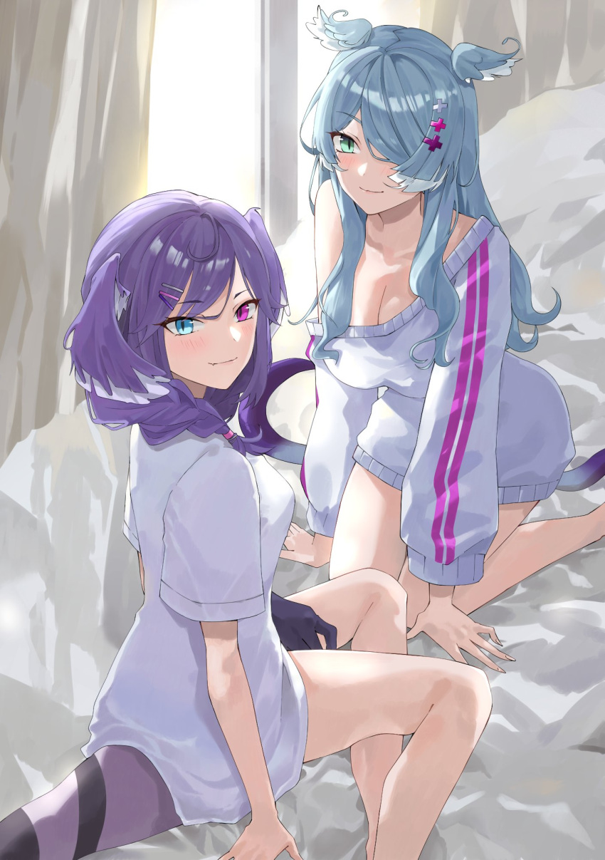 2girls ahoge aqua_eyes blue_eyes blue_hair braid breasts cleavage dragon_tail elira_pendora elira_pendora_(1st_costume) hair_ornament hair_over_one_eye hairclip head_wings heterochromia highres konchi_(63438789) large_breasts long_hair looking_at_viewer medium_hair multicolored_hair multiple_girls nijisanji nijisanji_en off_shoulder one_eye_covered pointy_ears purple_eyes purple_hair purple_wings selen_tatsuki shirt siblings sisters sweater t-shirt tail twin_braids virtual_youtuber white_shirt white_sweater wings