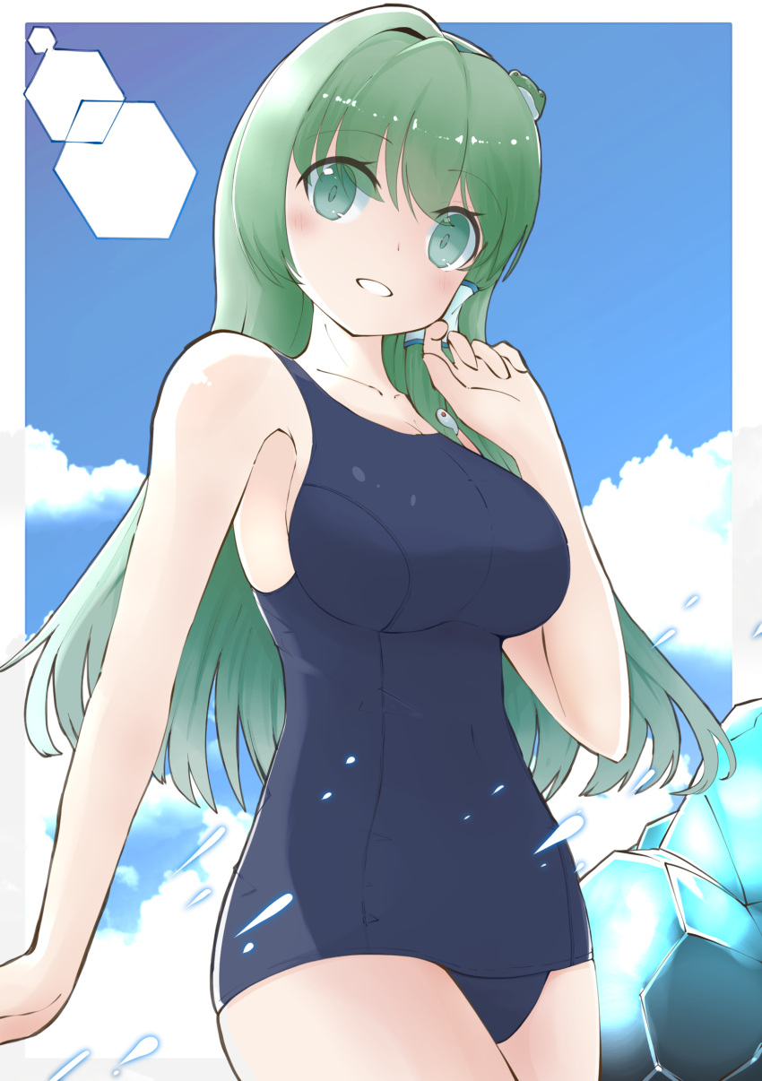 absurdres blue_one-piece_swimsuit blue_sky breasts clothing_aside cloud collarbone cowboy_shot day female frog_hair_ornament green_eyes green_hair hair_between_eyes hair_ornament hair_tubes highres kochiya_sanae long_hair looking_at_viewer nazawa_(nother) old_school_swimsuit one-piece_swimsuit outdoors school_swimsuit sky smile snake_hair_ornament solo swimsuit swimsuit_aside touhou water wet