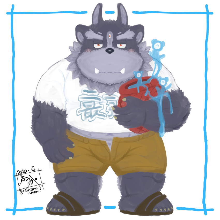 1:1 2020 anthro belly big_belly black_nose blush bottomwear bulge clothing footwear hi_res humanoid_hands kemono lifewonders male overweight overweight_anthro overweight_male sandals shirt shorts solo tanutronik753_k tokyo_afterschool_summoners topwear tsathoggua_(tas)