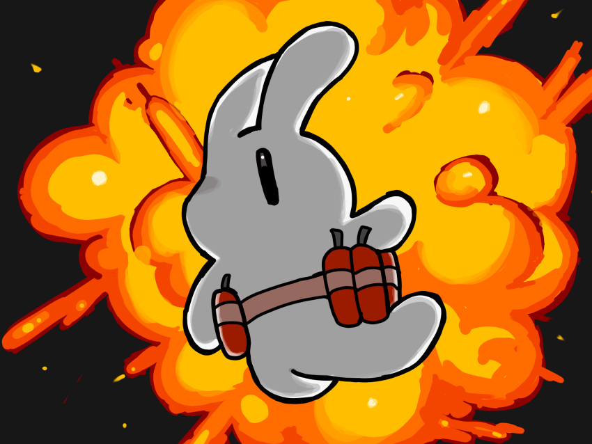 2023 4:3 action_pose ambiguous_gender anthro black_background black_eyes cool_guys_don't_look_at_explosions digital_media_(artwork) dynamite ears_up explosion explosives fur hair hi_res lagomorph leporid mammal midair pose rabbit simple_background solo terraria white_body white_fur yeedrah