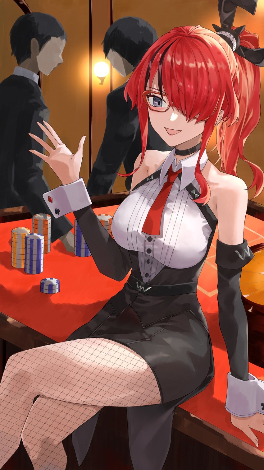 black_choker black_hair black_skirt breasts casino choker crossed_legs detached_sleeves female fishnet_pantyhose fishnets glasses grey_eyes hair_over_one_eye high-waist_skirt highres konchi_(63438789) lain_paterson lain_paterson_(2nd_costume) large_breasts long_hair multicolored_hair necktie nijisanji pantyhose poker_chip poker_table ponytail red-framed_eyewear red_hair red_necktie shirt sitting skirt sleeveless sleeveless_shirt solo streaked_hair table virtual_youtuber