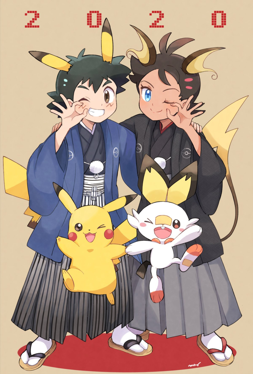 2020 2boys ;d arm_around_shoulder black_hair chinese_zodiac commentary_request cosplay creature dark_skin dark_skinned_male full_body gen_1_pokemon gen_2_pokemon gen_8_pokemon gou_(pokemon) grin hakama highres japanese_clothes jumping kimono looking_at_viewer mei_(maysroom) multiple_boys new_year ok_sign one_eye_closed open_mouth pichu pichu_(cosplay) pichu_ears pikachu pikachu_(cosplay) pikachu_ears pikachu_tail poke_ball_print pokemon pokemon_(anime) pokemon_(creature) pokemon_ears pokemon_swsh_(anime) pokemon_tail raichu raichu_(cosplay) sandals satoshi_(pokemon) scorbunny signature smile socks standing tail white_legwear year_of_the_rat