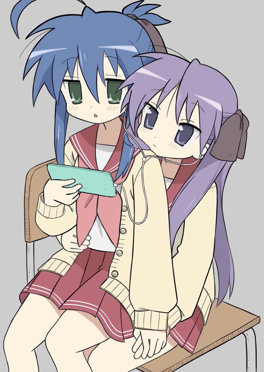 2girls ahoge black_bow blue_hair blush bow cardigan cellphone chair closed_mouth commentary earphones green_eyes grey_background hair_up hairbow high_ponytail highres hiiragi_kagami holding holding_phone izumi_konata long_hair long_sleeves looking_at_phone lucky_star multiple_girls neckerchief open_mouth phone pink_neckerchief purple_eyes purple_hair red_sailor_collar red_skirt ryouou_school_uniform sailor_collar school_uniform serafuku shared_earphones shirt sidelocks sitting sitting_on_lap sitting_on_person skirt smartphone twintails very_long_hair white_shirt yellow_cardigan yoyohachi yuri