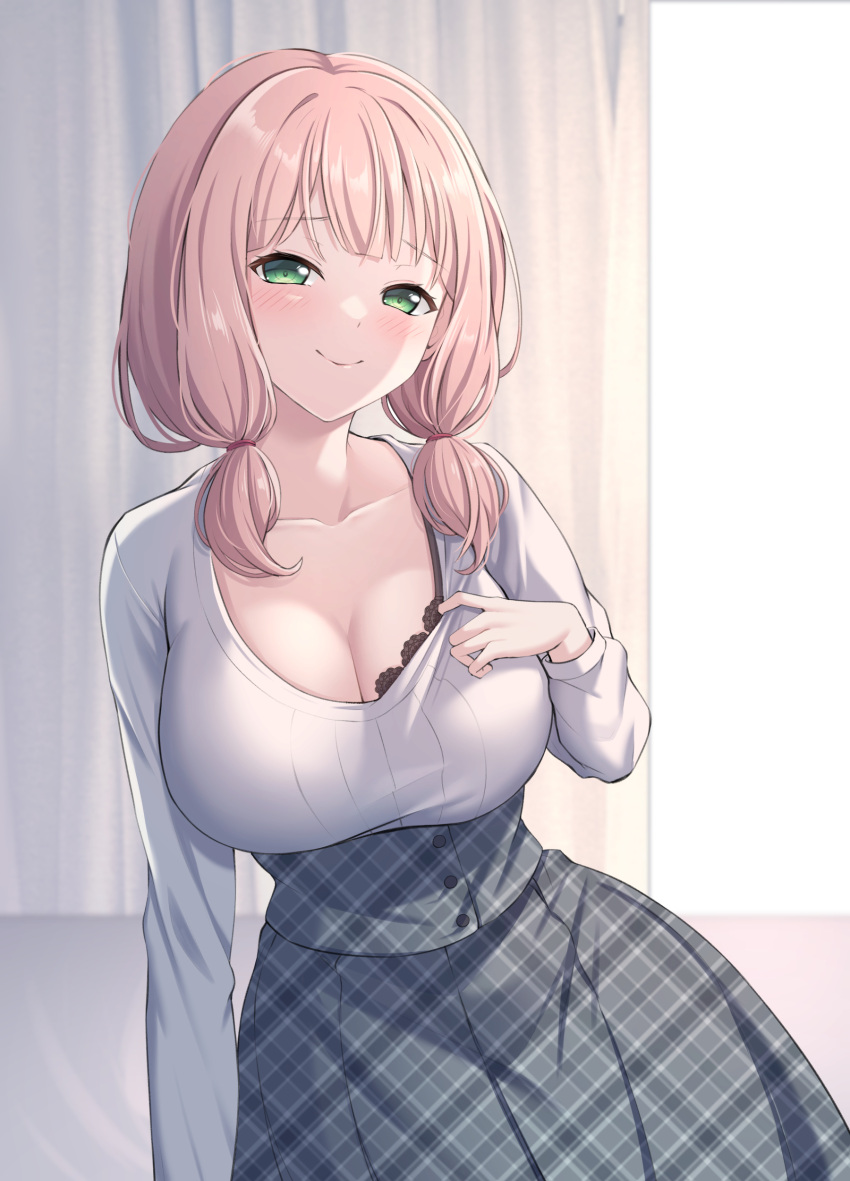 absurdres bang_dream! black_bra blush bra bra_peek breasts cleavage closed_mouth collarbone commentary cowboy_shot female green_eyes grey_skirt highres indoors large_breasts long_hair long_sleeves looking_at_viewer low_twintails pink_hair plaid plaid_skirt ptal shirt shirt_tug sidelocks skirt smile solo standing twintails uehara_himari underwear white_shirt