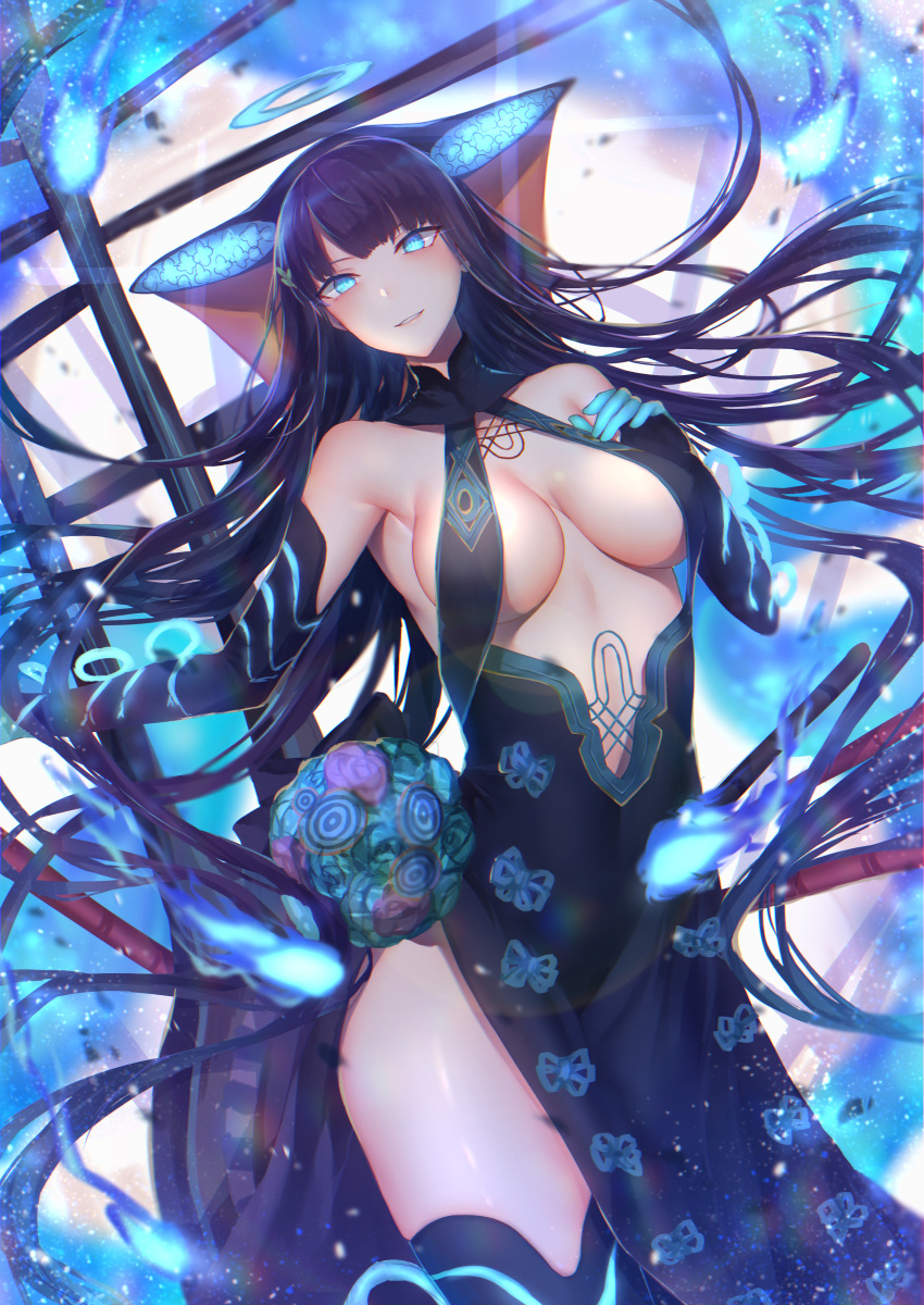 absurdres backlighting bare_shoulders black_dress black_gloves black_headwear black_legwear blue_eyes blue_fire blunt_bangs blush breasts center_opening dress elbow_gloves fate/grand_order fate_(series) female fire fish flute gloves halo highres hitomin_(ksws7544) instrument large_breasts long_hair looking_at_viewer parted_lips pipa_(instrument) purple_hair side_slit thighhighs thighs very_long_hair yang_guifei_(fate) yang_guifei_(third_ascension)_(fate)