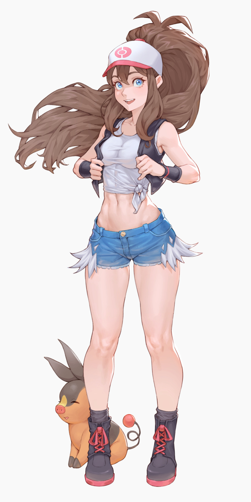 baseball_cap black_footwear blue_eyes blue_shorts blush boots breasts brown_hair cheshirrr collarbone commentary_request crop_top cross-laced_footwear denim denim_shorts female full_body grey_background hat high_ponytail highres hilda_(pokemon) long_hair looking_at_viewer midriff navel open_mouth pokemon pokemon_(creature) pokemon_bw ponytail shirt shoes short_shorts shorts sleeveless sleeveless_shirt smile socks standing striped tank_top tepig vest white_shirt white_tank_top wristband