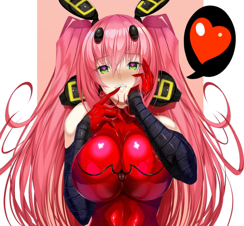 blush bodysuit breasts elbow_gloves female gloves green_eyes gundam hand_on_own_face haro heart heart_in_eye highres ill_(0022) large_breasts mechanical_ears original personification pink_hair red_gloves skin_tight solo speech_bubble spoken_heart symbol_in_eye twintails upper_body