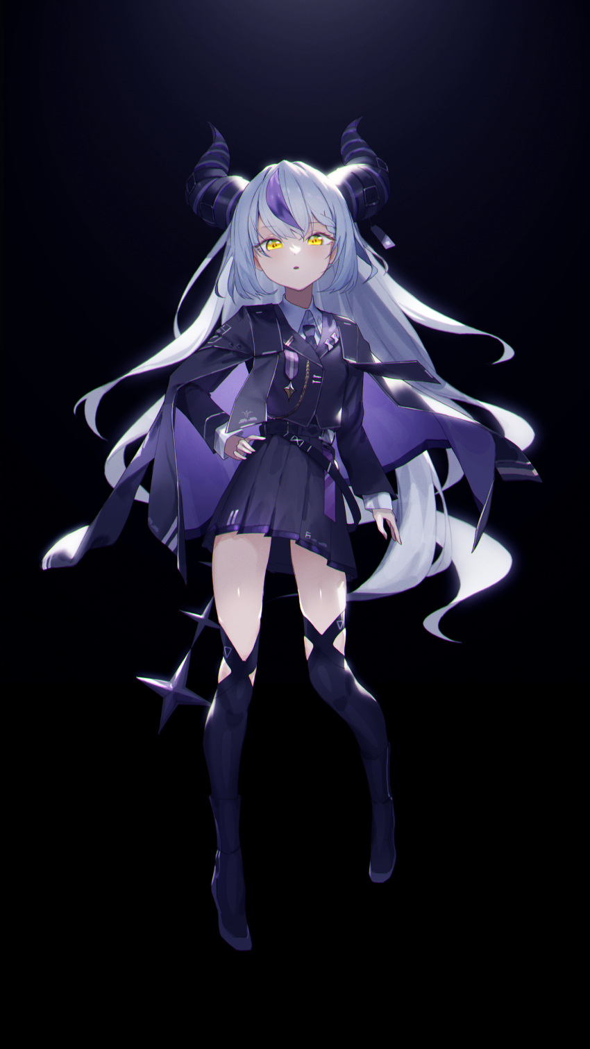 :o absurdres aiguillette alternate_costume belt black_belt black_cape black_footwear black_jacket black_necktie black_skirt black_thighhighs boots braid braided_bangs cape collared_shirt commentary_request demon_girl demon_horns female full_body grey_hair hair_between_eyes hand_on_own_hip highres hololive horns jacket la+_darknesss light_blush long_hair long_sleeves looking_at_viewer military_jacket multicolored_hair natsuyamai necktie parted_lips pleated_skirt purple_hair purple_horns shirt skirt solo streaked_hair striped_horns thighhighs very_long_hair virtual_youtuber white_shirt yellow_eyes