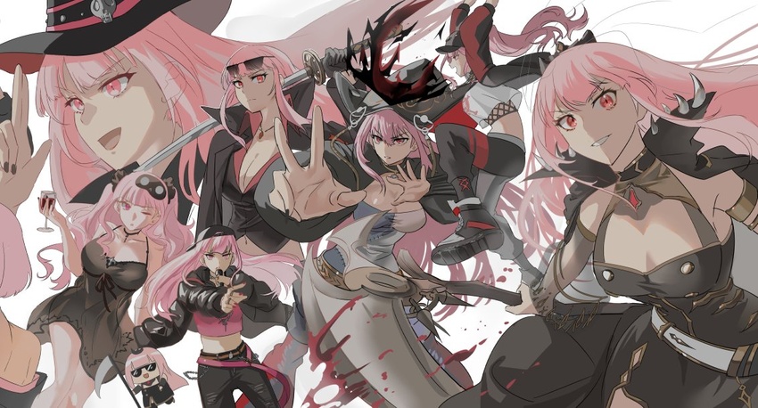 armpits backwards_hat black_dress black_nails black_nightgown breasts commentary cowboy_hat dress eyewear_on_head female finger_gun fishnet_top fishnets hat holding holding_microphone holding_scythe holding_sword holding_weapon hololive hololive_english hood hood_up jacket large_breasts microphone mori_calliope mori_calliope_(1st_costume) mori_calliope_(jigoku_6) mori_calliope_(new_underworld_order) mori_calliope_(new_year) mori_calliope_(party_dress) mori_calliope_(sheriff) mori_calliope_(sleepwear) mori_calliope_(streetwear) multicolored_clothes multicolored_jacket multiple_persona nightgown official_alternate_costume official_alternate_hairstyle open_mouth over_shoulder pants pink_hair q_(hololive) red_eyes scythe set7 smol_calli sunglasses sword track_pants two-tone_jacket virtual_youtuber w weapon weapon_over_shoulder