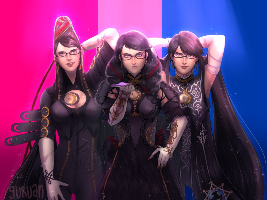 3girls alternate_hair_length alternate_hairstyle amulet ankle_gun bayonetta bayonetta_(series) bayonetta_1 bayonetta_2 bayonetta_3 beehive_hairdo bisexual_flag black_hair blue_eyes bodysuit braid breasts clothing_cutout earrings eyeshadow glasses gloves gun guruan_art jewelry lips lipstick long_hair looking_at_viewer makeup mole mole_under_mouth multicolored_hair multiple_girls multiple_persona quadruple_wielding red_hair ribbon short_hair simple_background smile streaked_hair twin_braids weapon