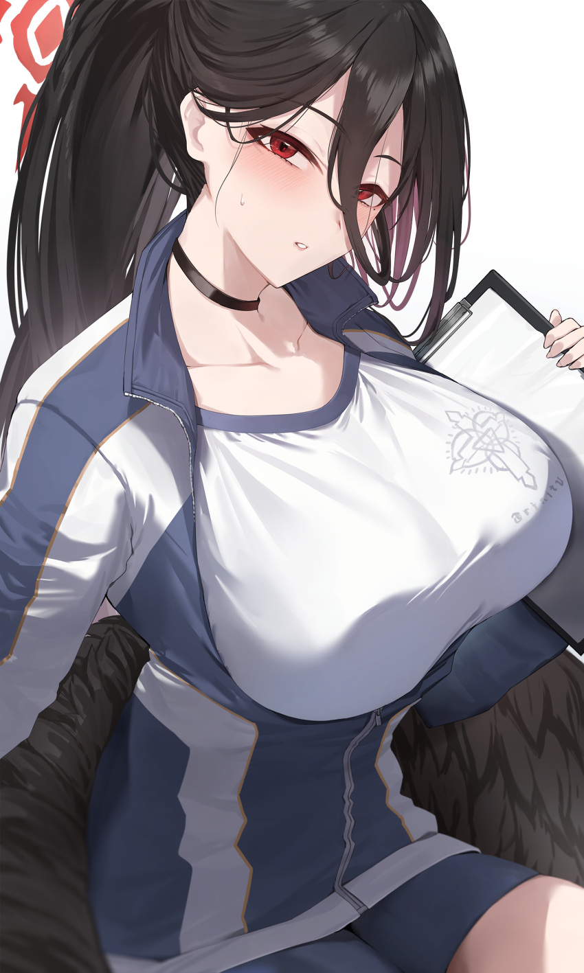 absurdres black_hair blue_archive blue_shorts blush breasts choker collarbone female gym_shorts gym_uniform hair_between_eyes halo hasumi_(blue_archive) hasumi_(track)_(blue_archive) highres huge_breasts long_hair looking_at_viewer neshia_(tsaqif0309) notepad official_alternate_costume ponytail red_eyes shorts simple_background solo sweat very_long_hair white_background wings zipper zipper_pull_tab