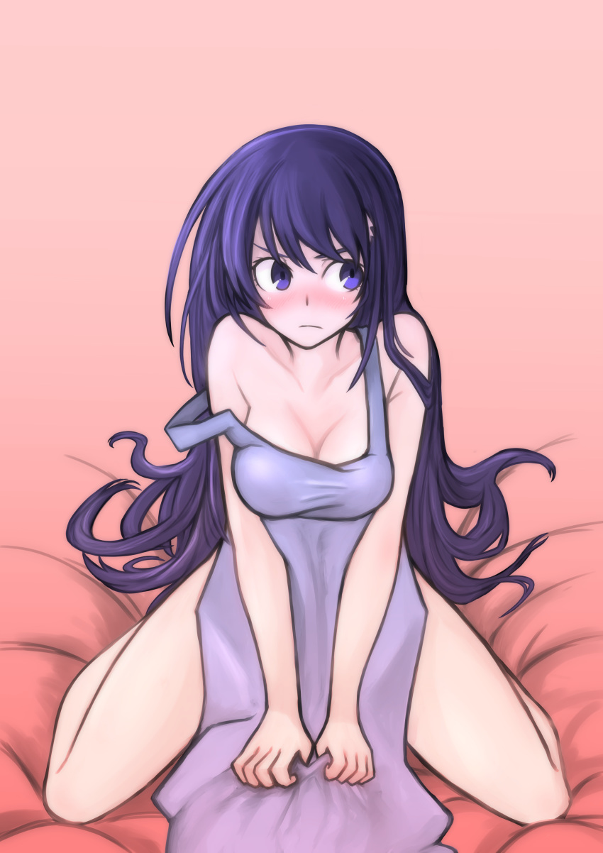 absurdres apron blush breasts embarrassed female frown grisaia_(series) grisaia_no_kajitsu highres long_hair looking_to_the_side medium_breasts miyanne naked_apron purple_apron purple_eyes purple_hair sakaki_yumiko sitting strap_slip thighs wariza