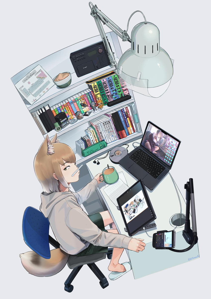 akira_(manga) alternate_costume animal_ear_fluff animal_ears apple_inc. apple_pencil beleven book bookshelf brown_hair cable cassette_player casual cd cellphone chair contemporary cup desk desk_lamp digital_media_player drink earphones extra_ears female figure fisheye fox_ears fox_girl fox_tail from_side full_body grey_hair hand_rest handheld_game_console highres holding holding_cup hood hood_down hoodie ipad iphone kemono_friends lamp light_brown_hair long_sleeves looking_at_viewer macbook manga_(object) medium_hair multicolored_hair on_chair paid_reward_available pencil_case periodic_table phone puckered_lips sandals serval_(kemono_friends) shoebill_(kemono_friends) shorts sidelocks sideways_glance simple_background sitting smartphone solo sony stereo stylus tablet_pc tail tibetan_fox_(kemono_friends) two-tone_hair walkman white_background yellow_eyes