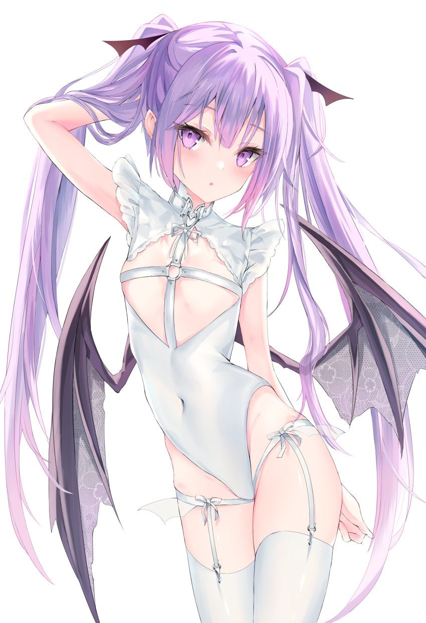 absurdres arm_behind_back arm_behind_head arm_up borrowed_character breasts covered_navel covered_nipples demon_girl demon_wings eve_(rurudo) female garter_straps groin hand_in_own_hair highres leotard long_hair original purple_eyes ririge small_breasts solo thigh_strap thighhighs thighs twintails very_long_hair white_leotard white_thighhighs wings