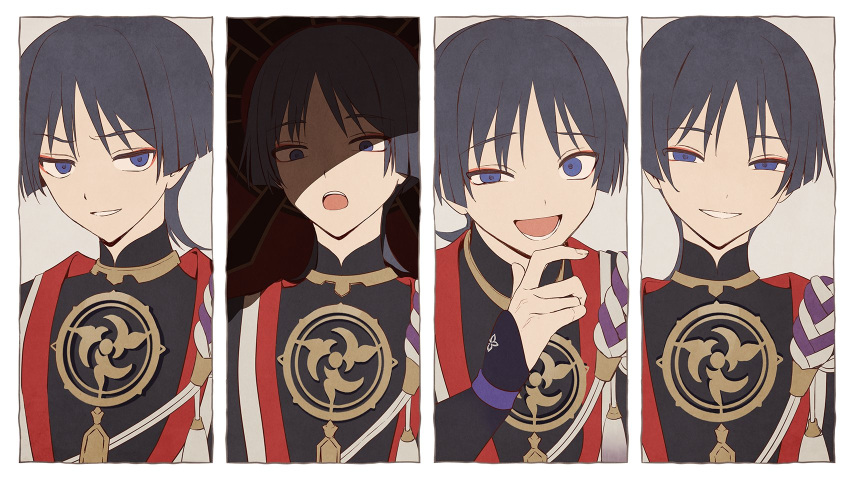 1boy armor blue_eyes blue_hair chinikuniku expressions genshin_impact hat highres japanese_armor japanese_clothes kote kurokote looking_at_viewer male_focus multiple_views no_headwear open_mouth scaramouche_(genshin_impact) shaded_face simple_background smile