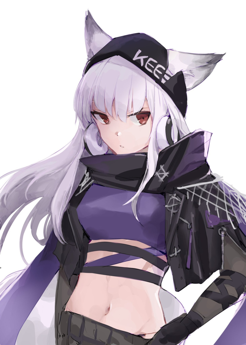 animal_ears arknights crop_top e-bushi ears_through_headwear female fox_ears fox_girl frostleaf_(arknights) frostleaf_(breaking_the_ice)_(arknights) highres long_hair looking_at_viewer midriff navel official_alternate_costume red_eyes simple_background solo upper_body white_background white_hair woollen_cap