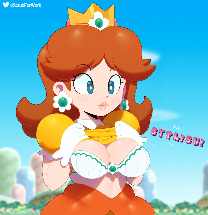 1girls alternate_breast_size big_breasts blue_eyes bra breasts breasts_out breasts_out_of_clothes cleavage clothing crown dress earrings eyebrows_visible_through_hair female female_only flashing flower_earrings fully_clothed ginger gloves large_breasts light-skinned_female light_skin lips mario_(series) midriff nintendo outdoors outside pale-skinned_female pale_skin presenting_breasts princess_daisy puffy_sleeves shoulder_length_hair solo somescrub super_mario_bros. text