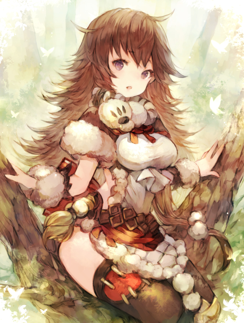 ahoge ascot back_bow backless_outfit belt bow breasts brown_hair bug butterfly capelet chestnut_mouth chobi_(sakuyasakuhana) commentary_request day dress female fur-trimmed_capelet fur-trimmed_collar fur-trimmed_dress fur-trimmed_sleeves fur_trim glowing_butterfly grimms_notes highres in_tree looking_at_viewer medium_breasts messy_hair nature open_mouth outdoors patchwork_clothes paw_print purple_eyes red_bow red_capelet sitting sitting_in_tree solo tatiana_(grimms_notes) thighhighs thighs tree