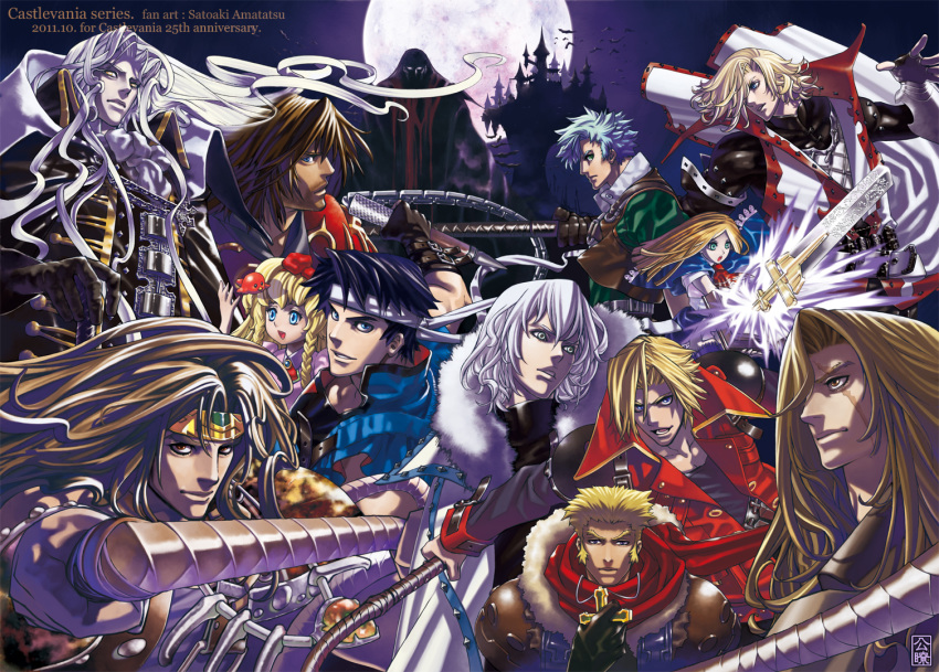 2girls 6+boys alucard_(castlevania) anniversary armor artist_name ascot bat_(animal) belt black_hair blonde_hair blue_eyes blue_legwear book boots bow braid brown_hair cape capelet castle castlevania:_aria_of_sorrow castlevania:_circle_of_the_moon castlevania:_curse_of_darkness castlevania:_dawn_of_sorrow castlevania:_lament_of_innocence castlevania:_legacy_of_darkness castlevania:_lords_of_shadow castlevania:_portrait_of_ruin castlevania:_rondo_of_blood castlevania:_symphony_of_the_night castlevania_(series) castlevania_iii:_dracula's_curse charlotte_aulin coat colored_skin commentary copyright_name dracula_(castlevania) dress english_commentary facial_hair frills full_moon gabriel_belmont gloves grey_hair hair_ribbon hairbow headband holding holding_weapon jonathan_morris leon_belmont long_hair maria_renard moon moonlight multiple_boys multiple_girls muscular night night_sky pale_skin photoshop_(medium) pointy_ears red_eyes reinhardt_schneider ribbon richter_belmont satoakiamatatsu scar scar_across_eye scar_on_face short_hair simon_belmont skirt sky smile soma_cruz sword trench_coat trevor_c._belmont twin_braids vampire weapon whip white_hair white_skin