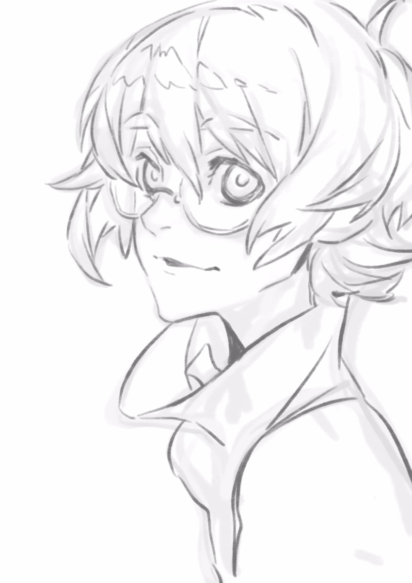 commentary_request female glasses greyscale high_collar highres miwa_shirow monochrome pidge_gunderson reverse_trap short_hair sidelocks simple_background smile solo thick_eyebrows upper_body voltron:_legendary_defender voltron_(series) white_background