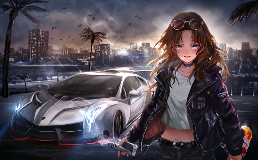 belt bird blush bottle breasts brown_hair building car choker city_lights cityscape cloud cloudy_sky collarbone commentary cowboy_shot crop_top dawn earrings electronic_cigarette eyewear_on_head female highres holding holding_bottle jacket jewelry lamborghini lamborghini_veneno light long_hair looking_at_viewer medium_breasts midriff motor_vehicle navel o-sd! open_clothes open_jacket original outdoors padded_jacket palm_tree pants purple_eyes purple_jacket scenery sky smile smoke solo sports_car standing sunglasses tinted_eyewear tree unzipped vehicle_focus wavy_hair wing_collar zipper