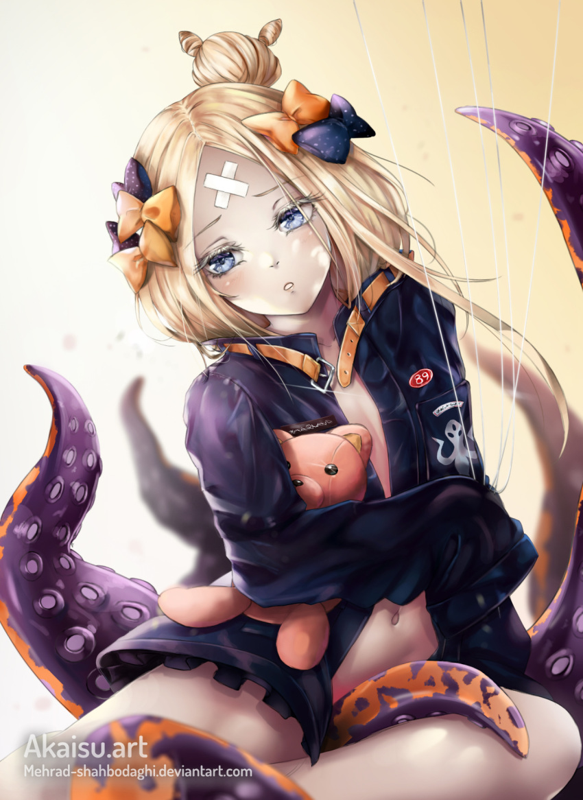 :o abigail_williams_(fate) abigail_williams_(traveling_outfit)_(fate) akaisu bandaid bandaid_on_face bandaid_on_forehead belt black_bow blonde_hair blue_eyes blush bow commentary_request fate/grand_order fate_(series) female hair_bun hairbow highres holding holding_stuffed_toy long_hair looking_at_viewer navel official_alternate_costume orange_bow parted_bangs photoshop_(medium) pocket polka_dot polka_dot_bow simple_background single_hair_bun solo stuffed_animal stuffed_toy teddy_bear tentacle watermark web_address white_string